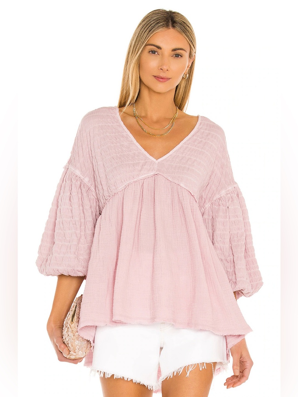 Free People We The Free Gauze Blouson Sleeve Tunic Top XS Pink OB1263665